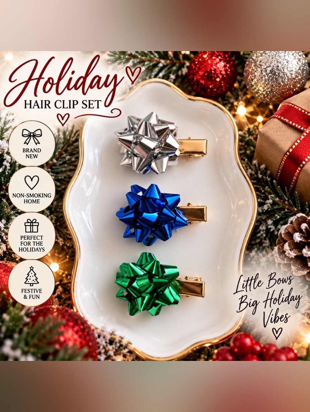 Holiday Christmas 3 Piece Bow Hair Clips - Silver, Blue & Green New